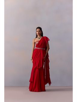 KALISTA - Jiah Red Embellished Ruffle Pre Drape Saree with Stitched Blouse and Belt