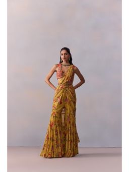 KALISTA - Sabia Yellow Floral Pre Drape Saree with Stitched Blouse and Belt