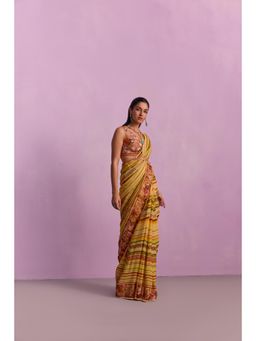 KALISTA - Zoyah Mustard Embroidered Saree with Stitched Blouse and Belt