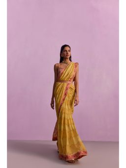 KALISTA - Inaya Yellow Embroidered Saree with Stitched Blouse and Belt