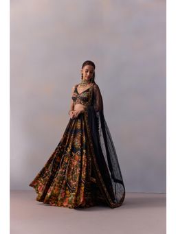 KALISTA - Naaz Black Embellished Floral Blouse with Lehenga and Dupatta (Set of 3)