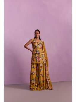 KALISTA - Shirin Mustard Floral Embellished Kurta with Sharara and Dupatta (Set of 3)