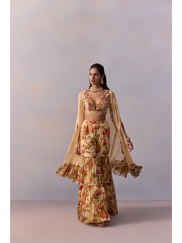 KALISTA - Naira Ivory Floral Embellished Blouse with Sharara and Cape (Set of 3)