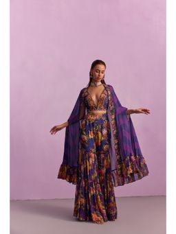KALISTA - Naira Purple Floral Embellished Blouse with Sharara and Cape (Set of 3)