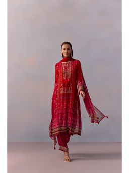 KALISTA - Shazia Red Embellished Tassels Kurta with Pant and Dupatta (Set of 3)