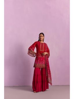 KALISTA - Afreen Crimson Red Floral Tassels Kurta with Sharara and Dupatta (Set of 3)