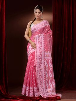 CHARUKRITI - Bubblegum Pink Silk Cotton Handwoven Jamdani Saree with Floral Borders and Paisley Pallu