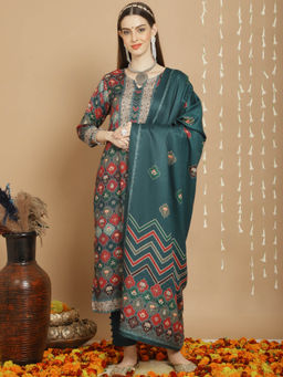 Stylee LIFESTYLE - Teal Wool Digital Printed Dress Material (Set of 3)