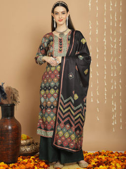 Stylee LIFESTYLE - Black Wool Digital Printed Dress Material (Set of 3)