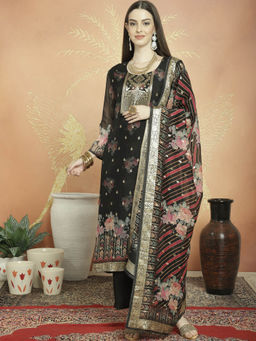 Stylee LIFESTYLE - Black Organza Jacquard Dress Material (Set of 4)