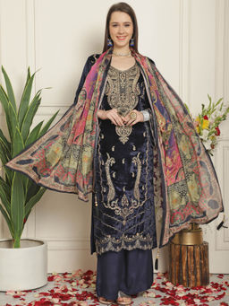 Stylee LIFESTYLE - Navy Blue Velvet Embroidered Dress Material (Set of 3)