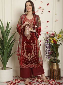 Stylee LIFESTYLE - Maroon Velvet Embroidered Dress Material (Set of 3)