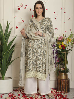 Stylee LIFESTYLE - Cream Wool Digital Printed Dress Material (Set of 3)