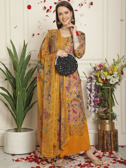 Stylee LIFESTYLE - Mustard Wool Digital Printed Dress Material (Set of 3)
