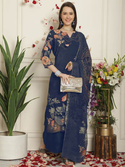 Stylee LIFESTYLE - Navy Blue Wool Digital Printed Dress Material (Set of 3)