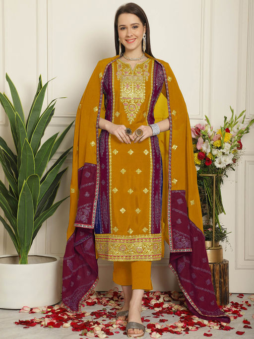 Buy Stylee LIFESTYLE Mustard Chiffon Embroidered Dress Material (Set of 3)  Online
