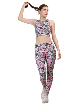 SOIE - High Waist Printed Ankle Length Activewear Sports Tight & Crop Top Multi-color (Set of 2)