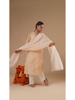 LAHARIO - Women's Peach Kurta, Slip with Pant & Dupatta