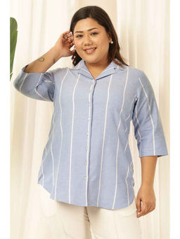 Amydus - Plus Size Striped Cuban Collar Blue Shirt
