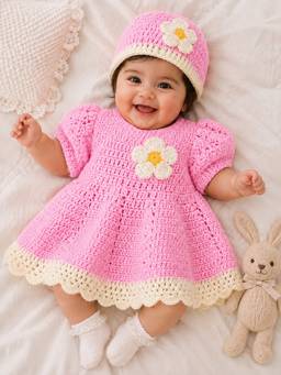 Woonie - Crochet Puff Sleeves Frock Daisy Floral With Matching Cap - Pink
