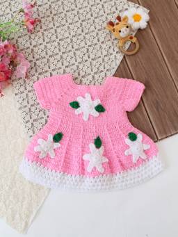 Woonie - Hand Knitted Cap Sleeves Floral Applique Frock - Pink