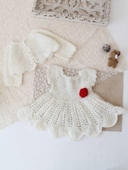 Woonie - Hand Knitted Floral Applique Frock With Matching Shrug - Cream