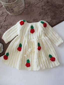Woonie - Hand Knitted Rose Applique Detailed Frock - Cream