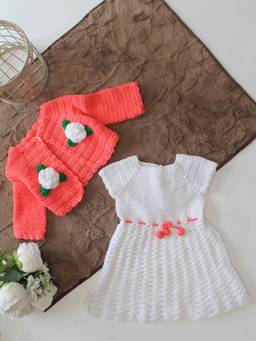 Woonie - Hand Knitted Floral Applique Frock With Matching Shrug - Dark Peach