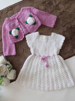 Woonie - Hand Knitted Floral Applique Frock With Matching Shrug - Purple