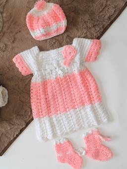 Woonie - Hand Knitted Frock With Shrug And Booties - Pink