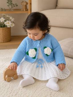 Woonie - Hand Knitted Floral Applique Frock With Matching Shrug - Blue