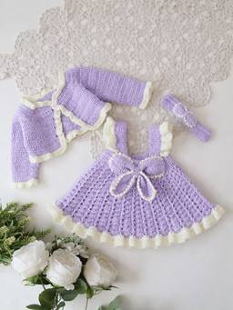 Woonie - Hand Knitted Bow Detailed Frock With Matching Shrug And Headband - Lavender