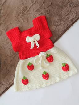 Woonie - Hand Knitted Sleeveless Strawberry Applique Frock - Red