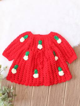 Woonie - Hand Knitted Floral Applique Detailed Frock - Red