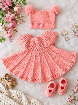 Woonie - Hand Knitted Frock With Matching Cap And Booties - Peach
