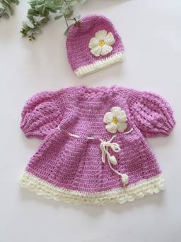 Woonie - Hand Knitted Puff Sleeves Daisy Floral Frock With Matching Cap - Purple