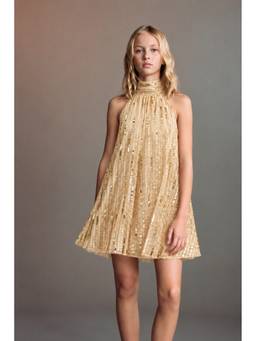 CHERRY CRUMBLE BY NITT HYMAN - Girls Gold Sequin High-Neck Party Mini Dress