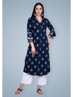 DHANNAK - Navy Blue Hand Block Printed Straight Cotton Kurta