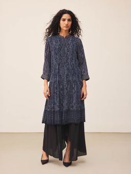 Ritu Kumar - Navy Blue Floral Full Sleeves Kurta with Inner