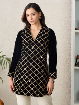 First Resort by Ramola Bachchan - Women Black Cross-Embroidered Velvet Short Kurta