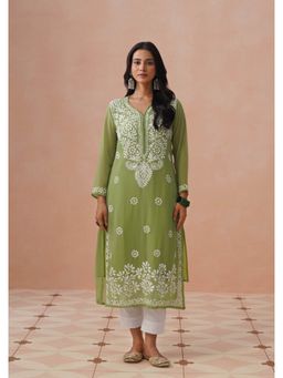 House of Chikankari - Green Georgette Embroidered Full Sleeves Kurta