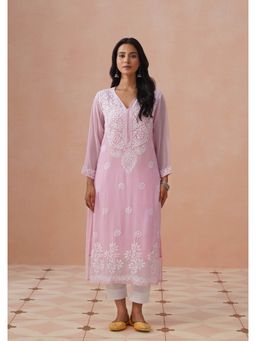 House of Chikankari - Pink Georgette Embroidered Full Sleeves Kurta