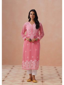 House of Chikankari - Peach Georgette Embroidered Full Sleeves Kurta