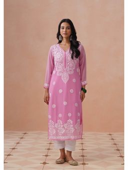 House of Chikankari - Pink Georgette Embroidered Full Sleeves Kurta