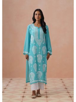House of Chikankari - Blue Cotton Embroidered Full Sleeves Kurta