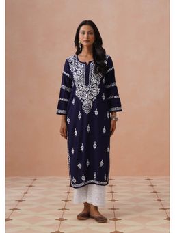 House of Chikankari - Navy Blue Rayon Embroidered Full Sleeves Kurta