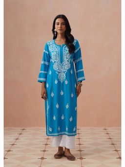House of Chikankari - Blue Rayon Embroidered Full Sleeves Kurta
