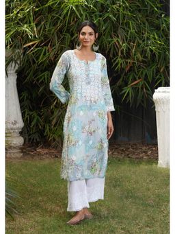 House of Chikankari - Blue Mulmul Embroidered Three Fourth Sleeves Kurta