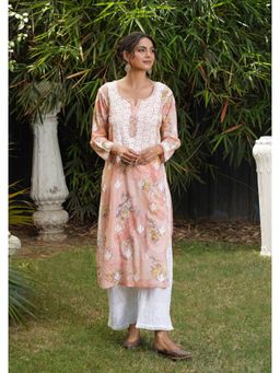 House of Chikankari - Coral Mulmul Embroidered Three Fourth Sleeves Kurta
