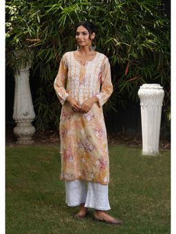 House of Chikankari - Orange Mulmul Embroidered Three Fourth Sleeves Kurta